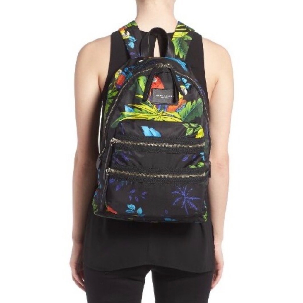 Marc Jacobs Tropical Parrot Print Nylon Backpack Black 16" H X 13" L